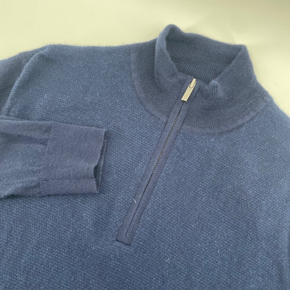 Saks Fifth Avenue Quarter Zip Sweater Mens Large Blue Merino Wool Pullover